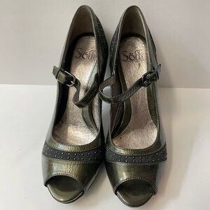 Sofft Green & Gray Leather Peeptoe Mary Jane Heels